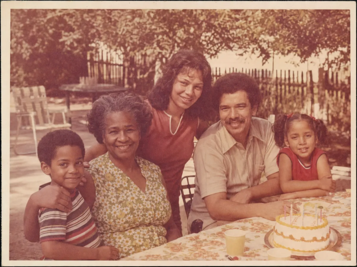 Before: a faded 1970s family birthday photo with warm color