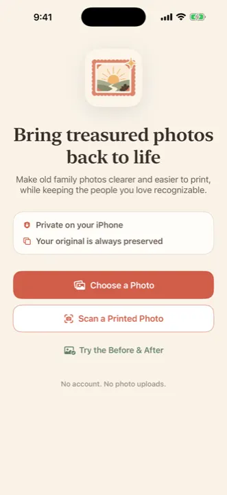 Local Photo Restore start screen with Choose a Photo and Scan a Printed Photo buttons