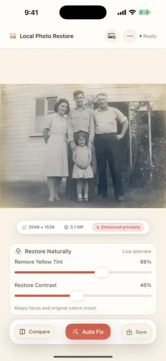An enhanced black-and-white family photo with Remove Yellow Tint and Restore Contrast sliders and an Auto Fix button